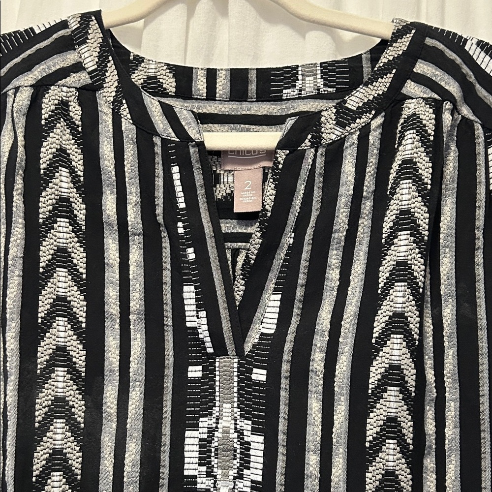 Chico's Black/White Aztec 3/4 Sleeve Tiered Dress Women’s Large - Picture 3 of 16
